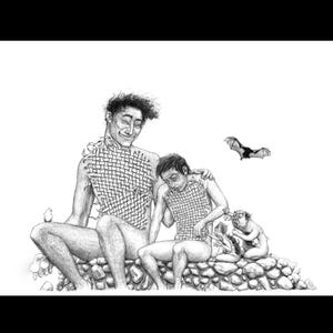May include: A black and white drawing of two people sitting on a rock formation. They are both wearing woven garments. A small bird is perched on the larger person's shoulder. A bat flies in the upper right corner of the image.