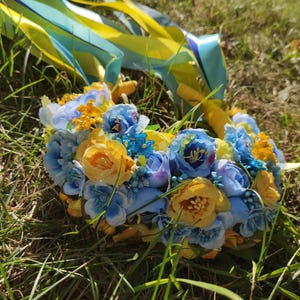 Blue yellow fabulous national hoop wreath. Blue and yellow Flower tiaras. Vinok Hoop Ukrainian Gift. Head Attire for Women.