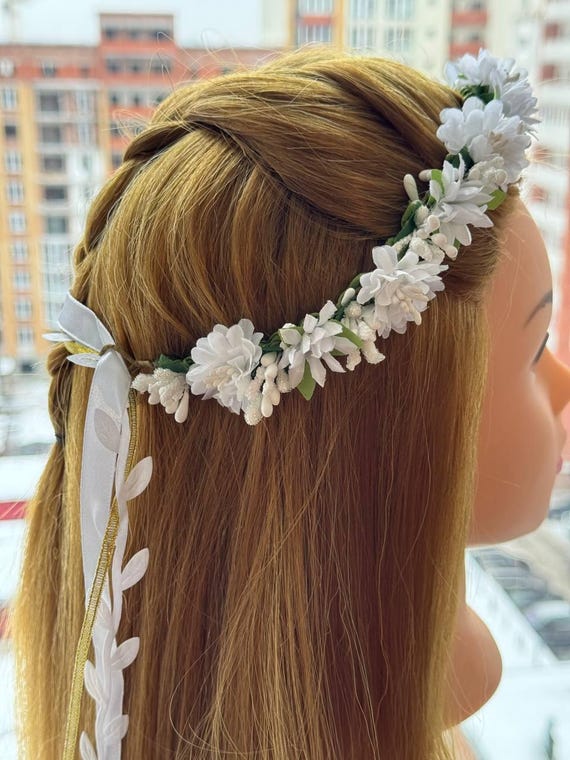 Elegant White Floral Headband Floral Bridal Crown – Pearl and Crystal Wedding Headband  main image 3