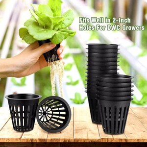 May include: Black plastic net pots for hydroponic gardening. The pots have a slotted design and are shown with a plant and text that reads "Fits Well in 2-Inch Holes For DWC Growers".
