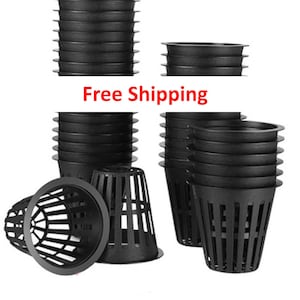 May include: Several stacks of black plastic net pots, designed for hydroponics or container gardening. The pots have a slotted design for optimal drainage and aeration. The image also includes the text "Free Shipping".