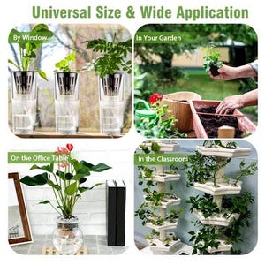 May include: Image showcasing various hydroponic setups. Includes clear containers with plants by a window, a person gardening, a plant on an office table, and a tiered planter in a classroom. Text reads "Universal Size & Wide Application."