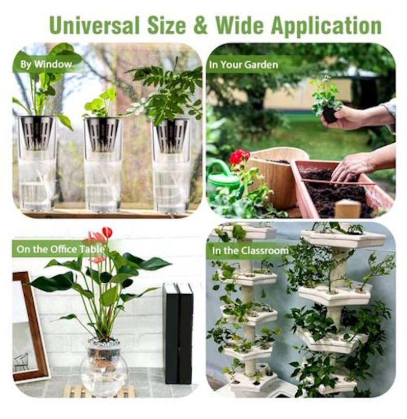 May include: Image showcasing various hydroponic setups. Includes clear containers with plants by a window, a person gardening, a plant on an office table, and a tiered planter in a classroom. Text reads "Universal Size & Wide Application."