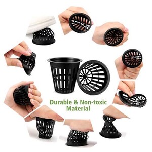 May include: Black plastic hydroponic net pots with slotted sides and a circular base are shown. The image also shows the net pots being handled and flexed, with the text "Durable & Non-toxic Material".