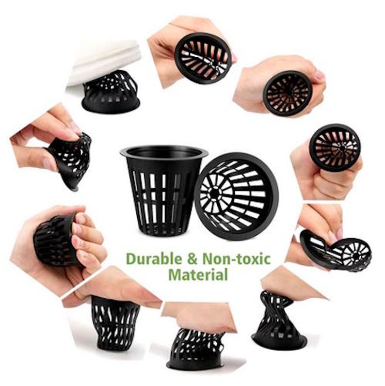 May include: Black plastic hydroponic net pots with slotted sides and a circular base are shown. The image also shows the net pots being handled and flexed, with the text "Durable & Non-toxic Material".