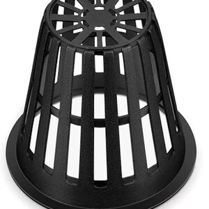 May include: A black plastic net pot with a wide base and a conical shape. The pot has vertical slots for drainage and aeration, and a circular top with radial supports. Ideal for hydroponics and container gardening.