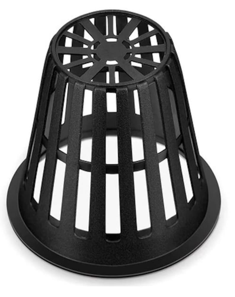 May include: A black plastic net pot with a wide base and a conical shape. The pot has vertical slots for drainage and aeration, and a circular top with radial supports. Ideal for hydroponics and container gardening.