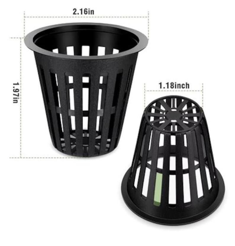 May include: Two black plastic net pots for hydroponics. The larger pot is 2.16 inches in diameter and 1.97 inches tall. The smaller pot is 1.18 inches in diameter. Both pots have a slotted design for water and air circulation.