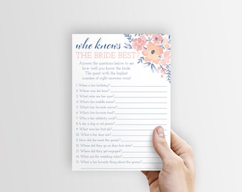 Blue & Blush Floral Who Knows the Bride Best, Bridal Shower Games, Instant Download Bridal Shower Game, Printable, Shower games