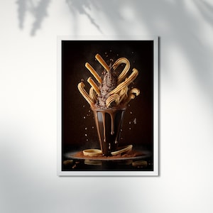 May include: A chocolate dessert with churros, drizzled with chocolate sauce, in a glass cup on a dark brown surface.