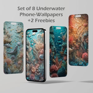 Set of 8 Underwater-Phone-Wallpapers, vivid colours, instant download, iPhone and Samsung, iOS and Android phones