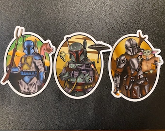 Mandalorian Stickers featuring Boba Fett Bespin, Holiday Special Boba Fett, and Mandalorian with Child by Rebel Art Empire