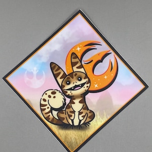 May include: A cute cartoon cat with brown and white fur sitting on a tan background. The cat is smiling and has a large, orange, star-shaped tail. The background is a pink and purple gradient with a white star in the background.