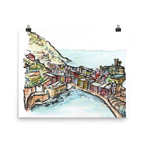 Italy Cinque Terre Vernazza Watercolor Sketch, Italy Art Print, Italian Coastline Sketch, Italy Gift, Cinque Terre Art, Italy Travel