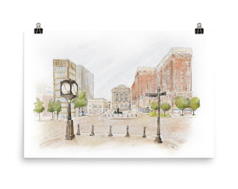 Downtown Greenville, SC Main Street Watercolor; Greenville Gift, South Carolina Gift, Greenville Wall Art