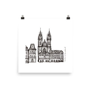 Prague Castle Sketch, Black and White Architect Sketch, Prague Drawing, Prague Czech Republic Art, Architecture Drawing, Hand Sketch