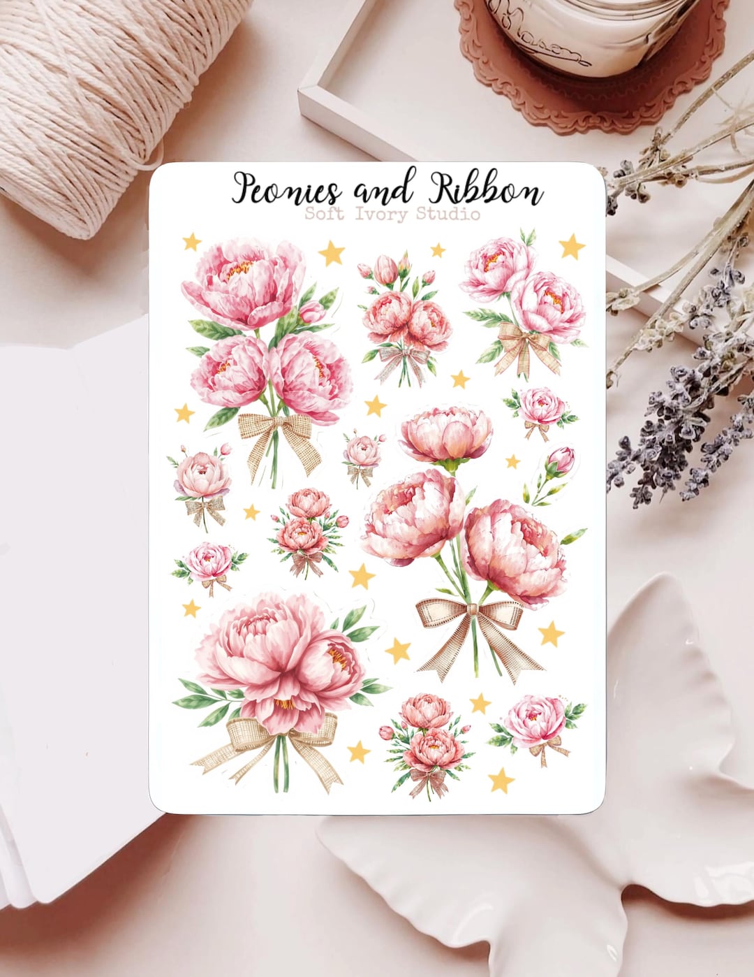 Peonies & Ribbon Sticker Sheet | Journal Stickers | Planner Stickers ...