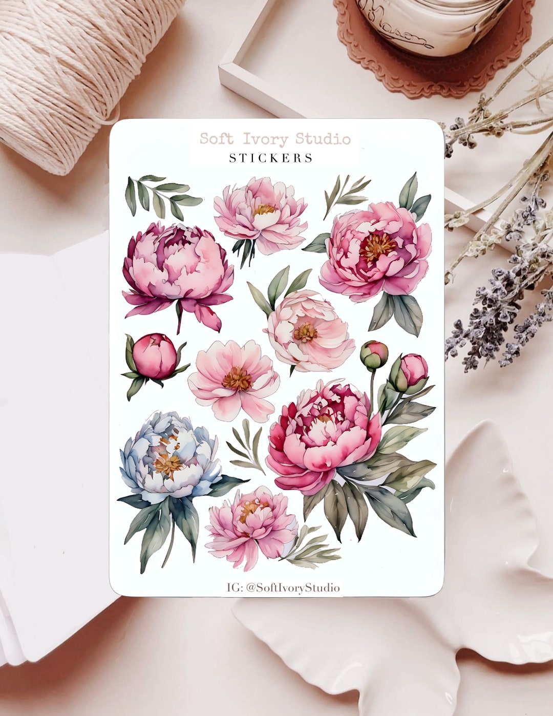 Pink Peonies Sticker Sheet | Planner Stickers | Journaling Stickers ...