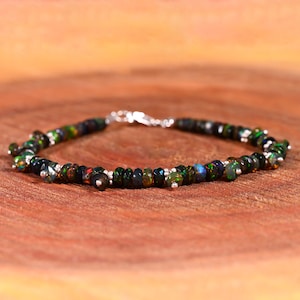 Black Opal Faceted Fire Beads Bracelet, 925 Sterling Silver Bracelet, Welo Fire Opal Bracelet, October Birthstone, Minimalist Bracelet,