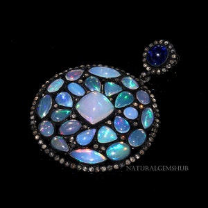 Natural Ethiopian Opal Pendant - 925 Silver Black Rhodium Pendant - Opal diamond pendant - Handmade Opal  jewelry -Opal silver jewelry gift