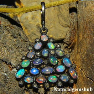 Ethiopian Opal Pendant, 925 Silver Black Rhodium Pendant, Natural Opal diamond pendant - Handmade Pendant, Opal Silver Jewelry Opal Gemstone