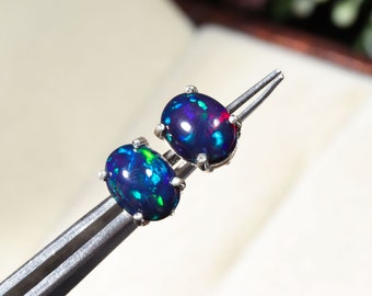 Black Opal Stud, Christmas Gift, Valentine Gift ,Natural Ethiopian Opal Stud, 925 Sterling Silver Stud, October Birthstone, Opal Jewelry