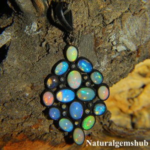 Ethiopian Opal Pendant, 925 Silver Black Rhodium Pendant, Opal diamond pendant, Handmade Pendant, Opal Jewelry, Natural Opal Silver Jewelry,