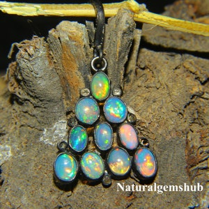 Ethiopian Opal Pendant, 925 Silver Black Rhodium Pendant, Natural Opal diamond pendant, Handmade Pendant, Opal Silver Jewelry, Opal Pendant,