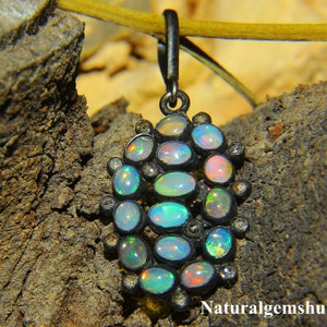 Natural Ethiopian Opal Pendant - 925 Silver Black Rhodium Pendant - Opal diamond pendant - Handmade Opal  jewelry -Opal silver jewelry gift