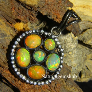 Natural Ethiopian Opal Pendant - 925 Silver Black Rhodium Pendant - Opal diamond pendant - Handmade Opal  jewelry -Opal silver jewelry gift