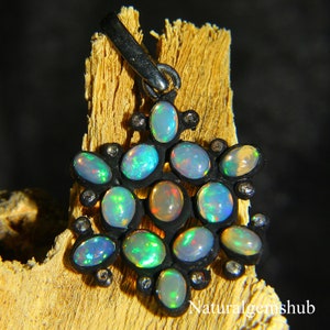 Ethiopian Opal Pendant Gemstone, 925 Silver Black Rhodium Pendant, Natural Opal diamond pendant, Handmade Opal  jewelry, Opal Jewelry gift,