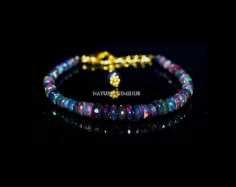 Ethiopian Black Opal Minimalist Bracelet, Opal Faceted bracelet, Healing Crystal Delicate Spiritual Protection October birthstone Stone Gift