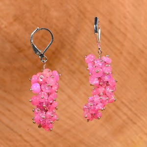 Natural Opal Gemstone Gold Earrings, Pink Fire Opal Beaded Cluster Earrings, Sterling Silver Earring, Opal Handmade Earrings, Pink Opal,