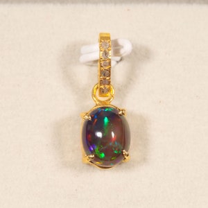 925 Sterling Silver Pendant&#39; Black Fire Opal Pendant&#39; Opal Diamond Pendant&#39; Natural Ethiopian Black Opal Pendant&#39; Gold Opal Pendant