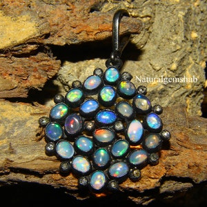 Natural Ethiopian Opal Pendant - 925 Silver Black Rhodium Pendant - Opal diamond pendant - Handmade Opal  jewelry -Opal silver jewelry gift