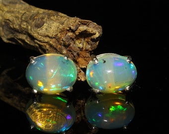 Ethiopian Opal Earrings, 925 Sterling Silver Opal Stud, October Birthstone, Natural Opal Jewelry, Opal Stud, Handmade, Prong Opal Stud
