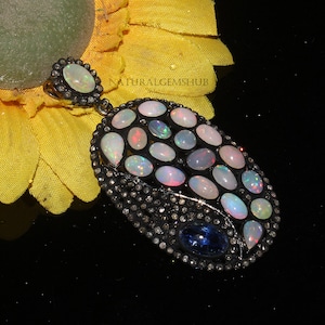 Natural Ethiopian Opal Pendant Gemstone, 925 Silver Black Rhodium Handmade Pendant, Opal diamond pendant, Opal  jewelry Opal silver jewelry,