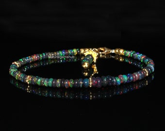 Natural Ethiopian Black opal Bracelet - Opal Smooth bracelet - Fire Opal jewelry - Handmade Black Opal 925 Silver Bracelet - Gift to her