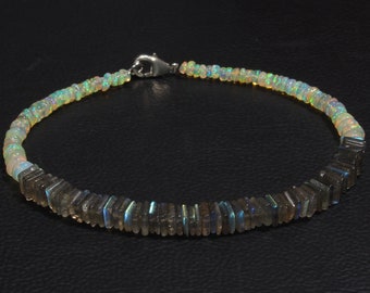 Ethiopian Opal Minimalist Bracelet, Labradorite Cushion Shape, Healing Crystal Delicate Spiritual Protection October birthstone Stone Gift,