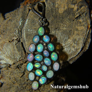 Natural Ethiopian Opal And Silver Pendant - 925 Sterling Silver Black Rhodium - Opal And Diamond Silver pendant - Handmade Opal Pendant
