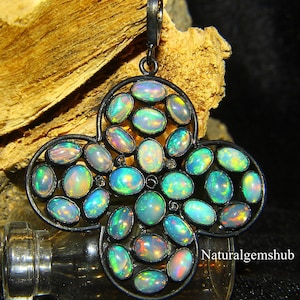 Natural Ethiopian Opal Pendant - 925 Silver Black Rhodium Pendant - Opal diamond pendant - Handmade Opal  jewelry -Opal silver jewelry gift