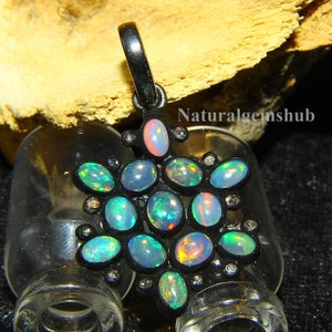 Natural Ethiopian Opal Pendant - 925 Silver Black Rhodium Pendant - Opal diamond pendant - Handmade Opal  jewelry -Opal silver jewelry gift