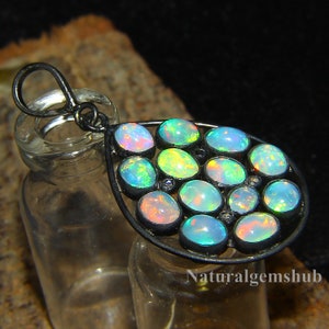 Natural Ethiopian Opal Pendant - 925 Silver Black Rhodium Pendant - Opal diamond pendant - Handmade Opal  jewelry -Opal silver jewelry gift
