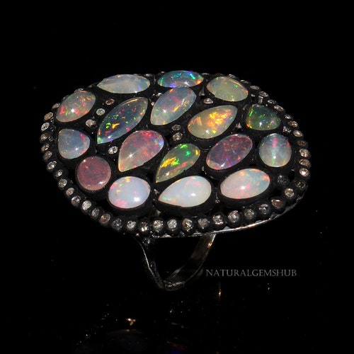 Shops White Diamond Ring, 925 Silver Opal Diamond Ring, Wedding Diamond Jewelry, Handmade Ring ,Birthstone Opal Ring Gift For her Jewelry