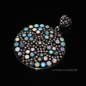 Natural Ethiopian Opal Pendant - 925 Silver Black Rhodium Pendant - Opal diamond pendant - Handmade Opal  jewelry -Opal silver jewelry gift