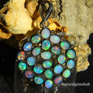 Natural Ethiopian Opal Pendant - 925 Silver Black Rhodium Pendant - Opal diamond pendant - Handmade Opal  jewelry -Opal silver jewelry gift