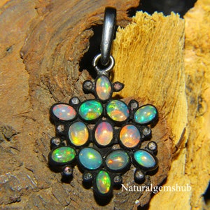 Natural Ethiopian Opal Pendant - 925 Silver Black Rhodium Pendant - Opal diamond pendant - Handmade Opal  jewelry -Opal silver jewelry gift