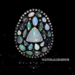 Ethiopian Opal Victorian Diamond Ring, 925 Silver Opal Diamond Ring, Wedding Diamond Jewelry, Handmade Ring ,Birthstone Opal Ring Gift her,