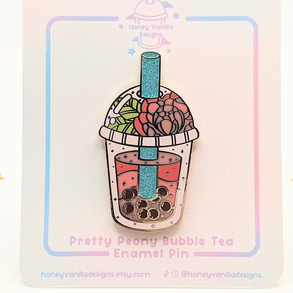 Pretty Peony Bubble Tea Hard Enamel Pin - Kawaii Boba Enamel Pin - Glitter Enamel Pin