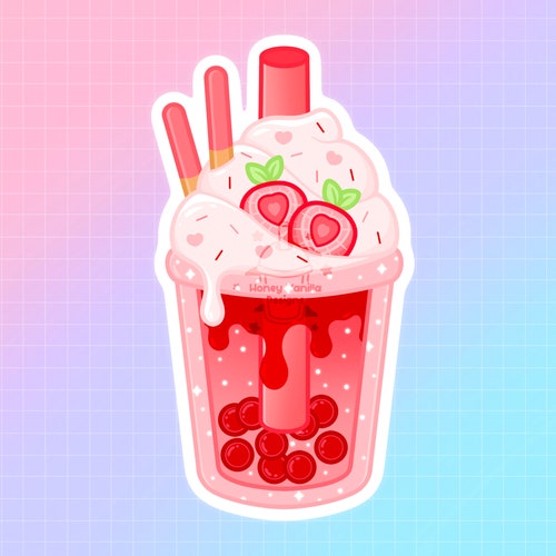 Strawberry Boba Vinyl Sticker Matte Glossy or Holographic Etsy